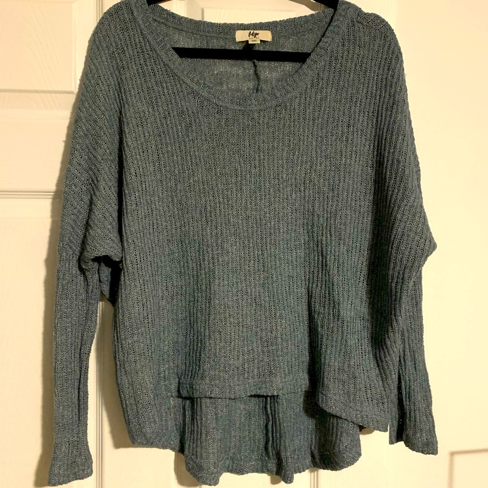 High low blue cable knit sweater